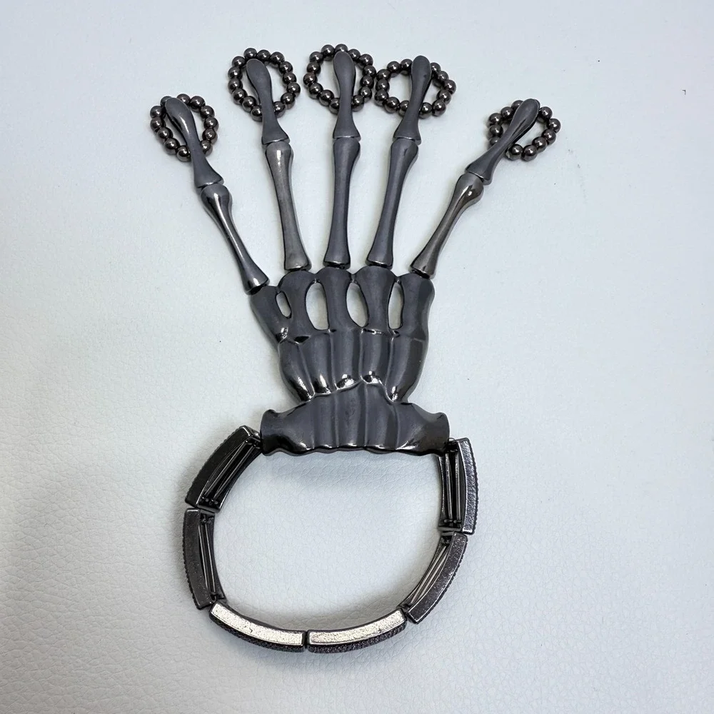 Gothic‎ Skeleton Hand Bracelet w/ Finger Rings Gunmetal Stretch Punk Emo Cosplay
